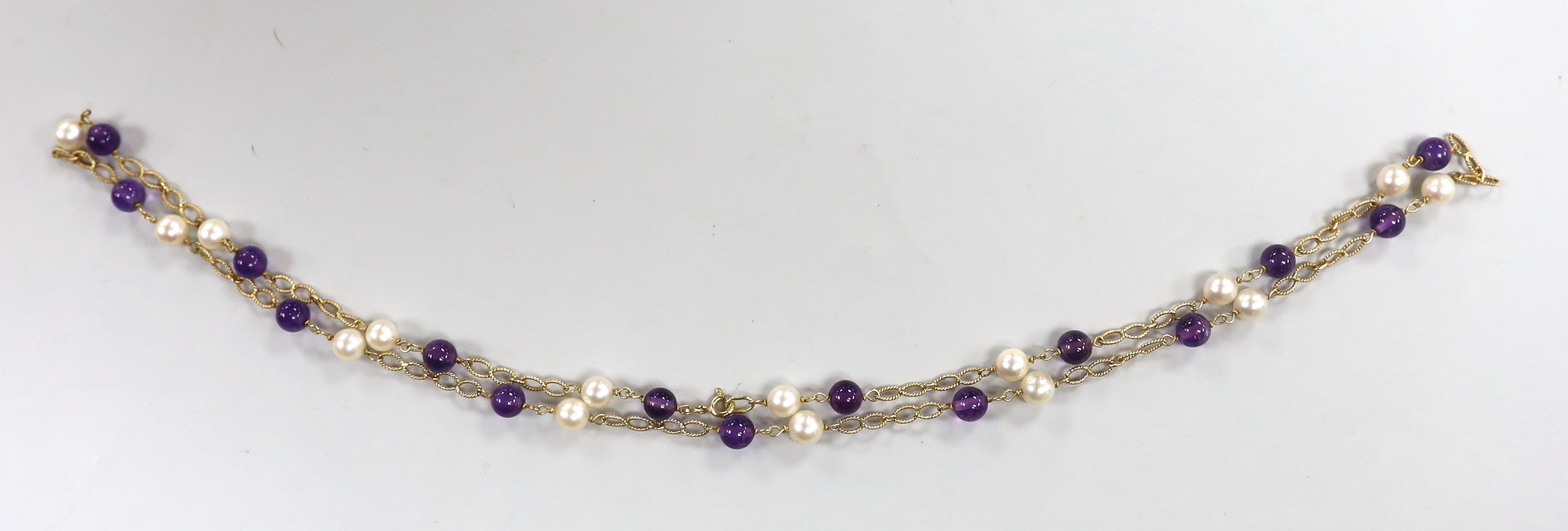 An Italian Uno-A-Erre 750 yellow metal, cultured pearl and amethyst bead set necklace, 68cm